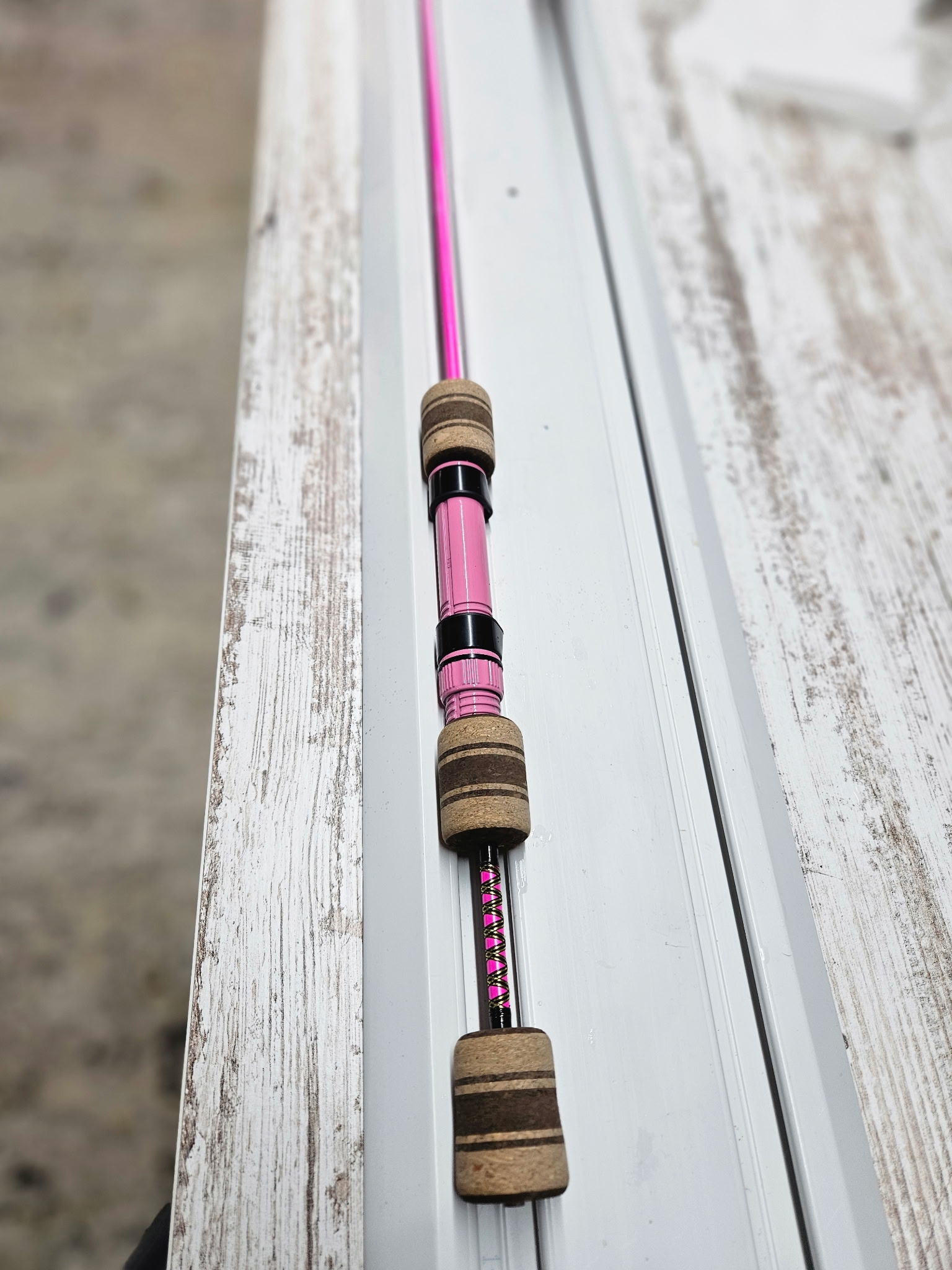 36-inch MHX Precision Power Noodle ice rod with custom cork grip and American Tackle SSR guides