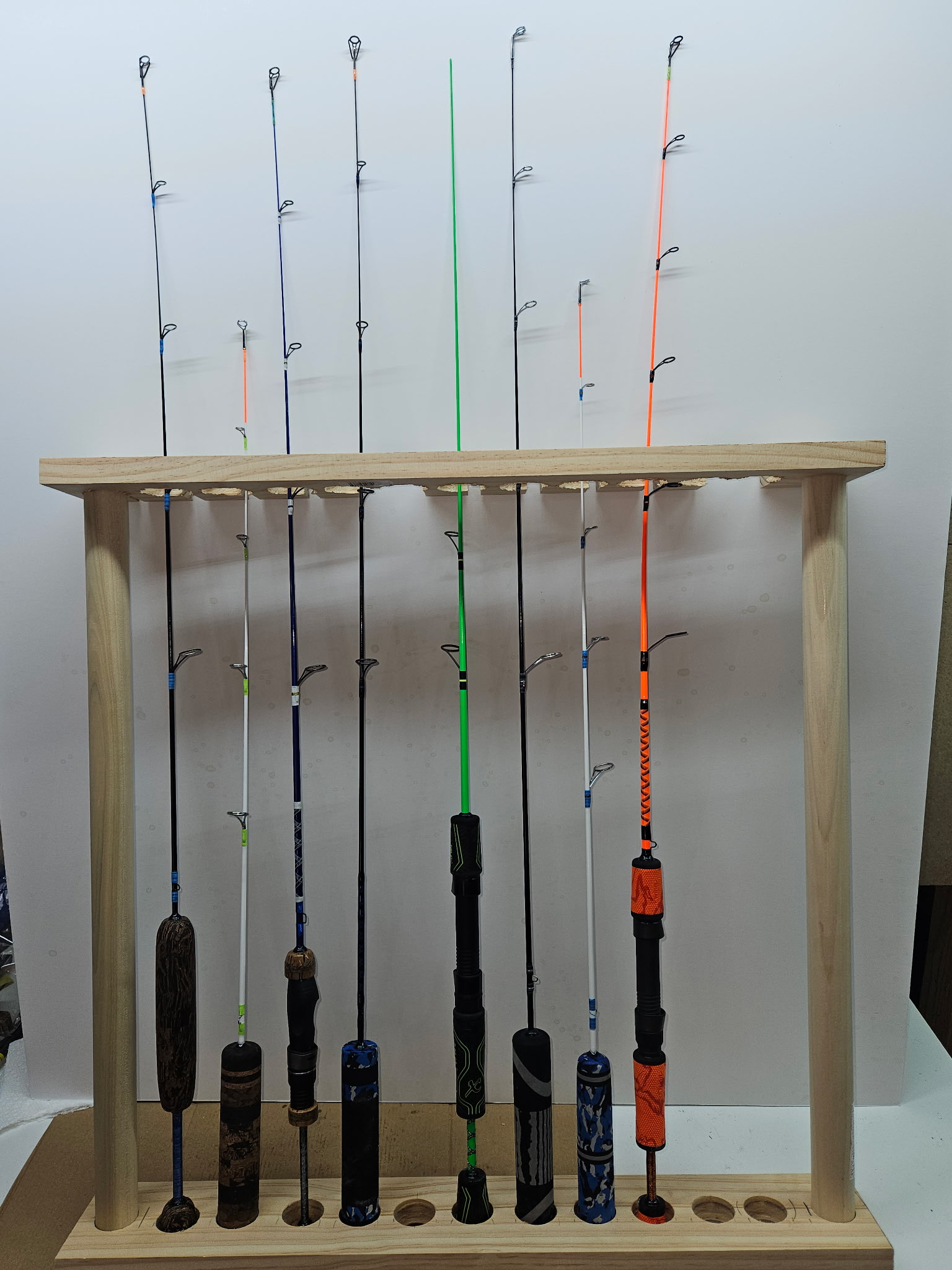 OBG rod build — side view of blank and guide train on a finished ice fishing rod