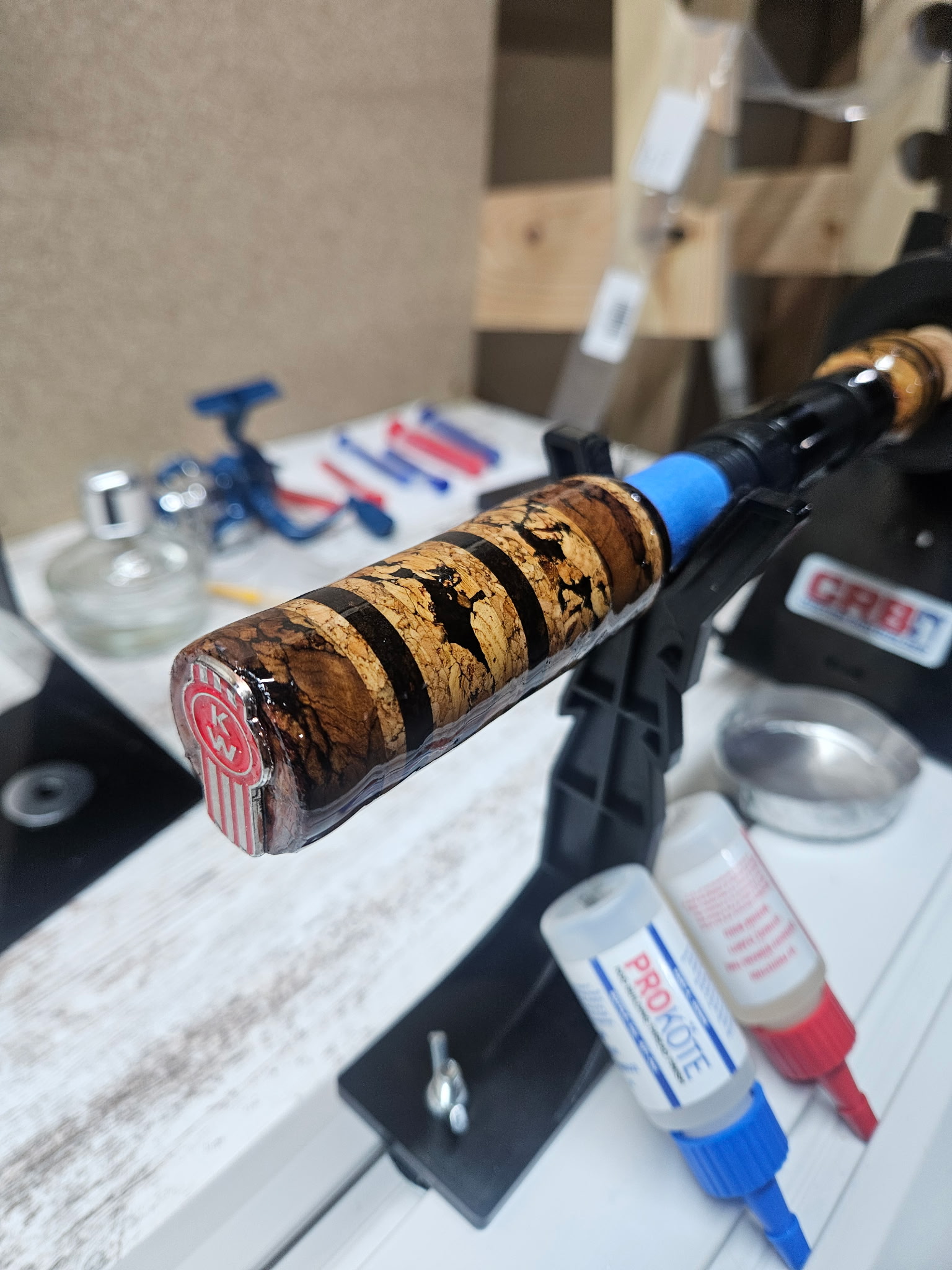 Rod handle and reel seat assembly — split cork grip on an OBG custom build