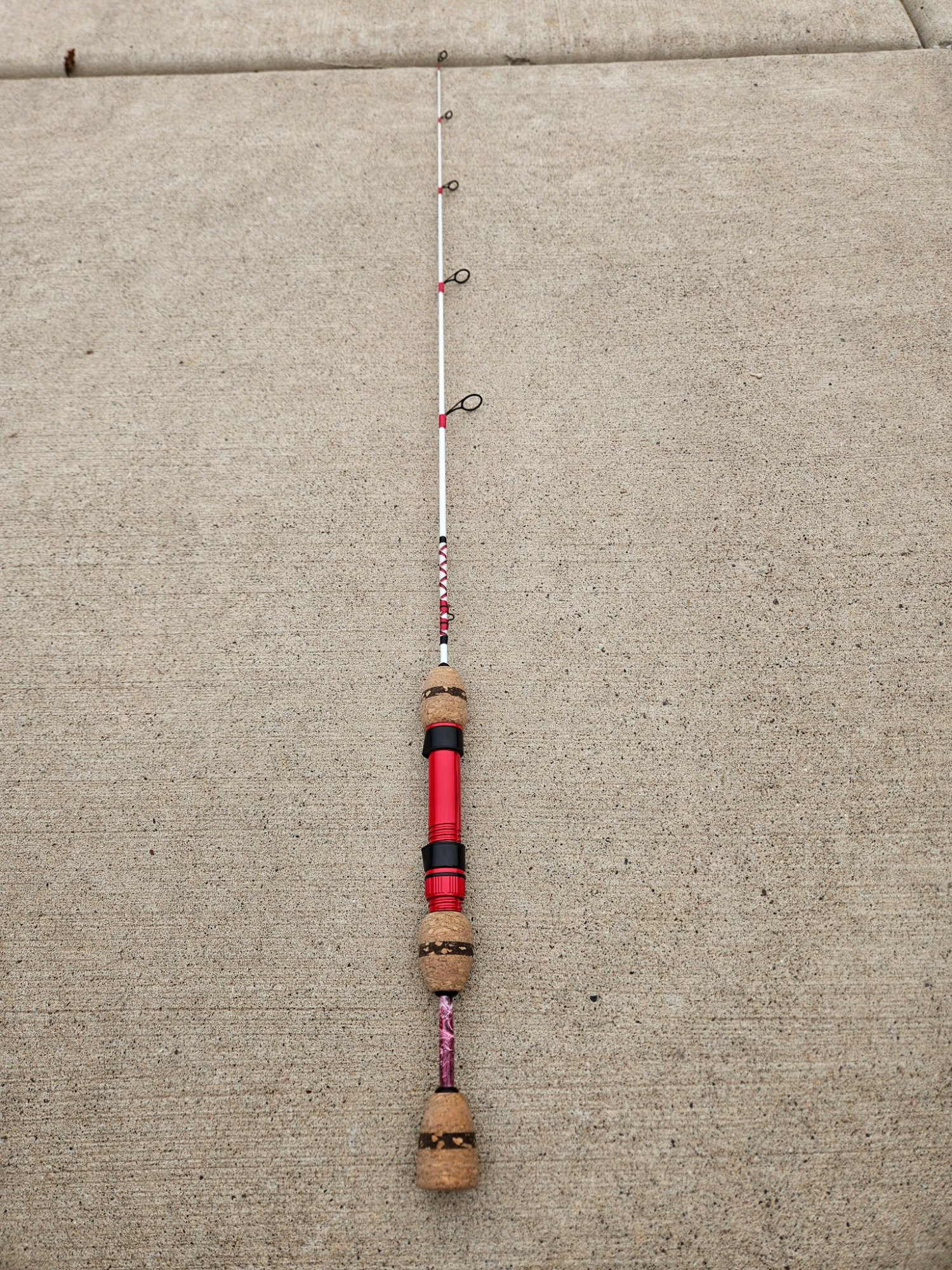 Sold 6-foot 6-inch MHX Mag Taper MB783 custom rod with American Tackle Tiforged guides, G2 Vibe2s split reel seat, and red, white, and black color scheme